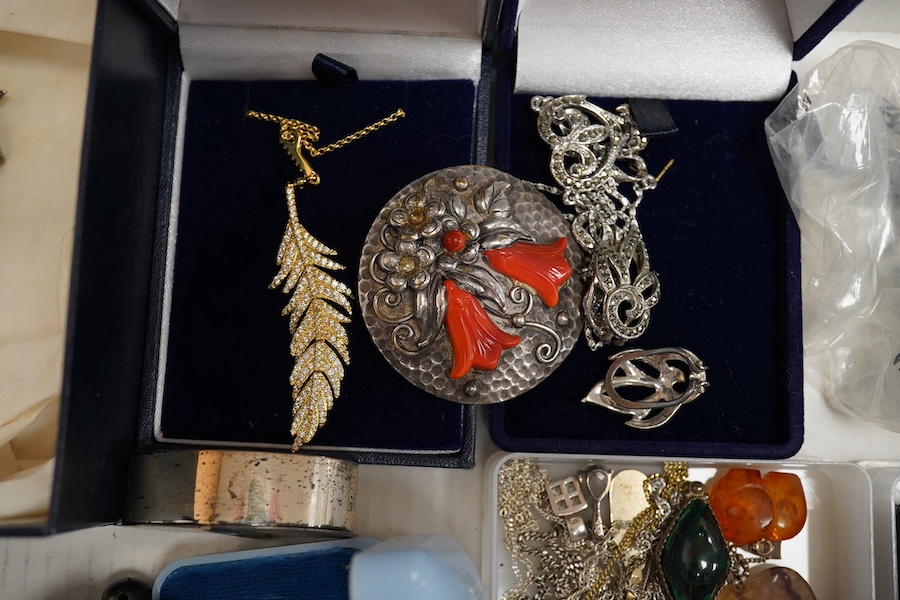 A quantity of assorted jewellery including costume, marcasite and white metal and an Edwardian silver child's rattle (a.f.). Condition - poor to fair to good